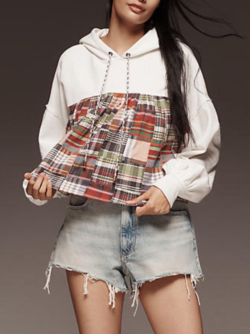 Anthropologie Pilcro White Hoodie with Multicolor Madras Plaid Front L NWT